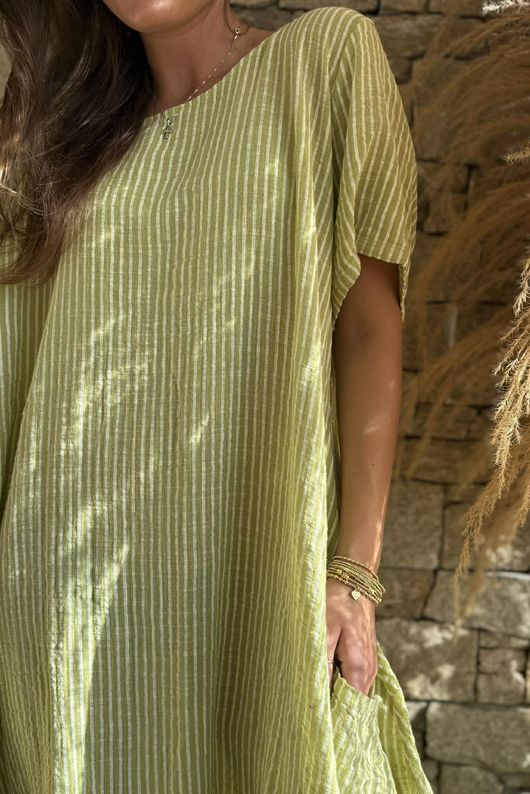 Salcombe Chalk Stripe Cotton Cocoon Dress Soft Olive